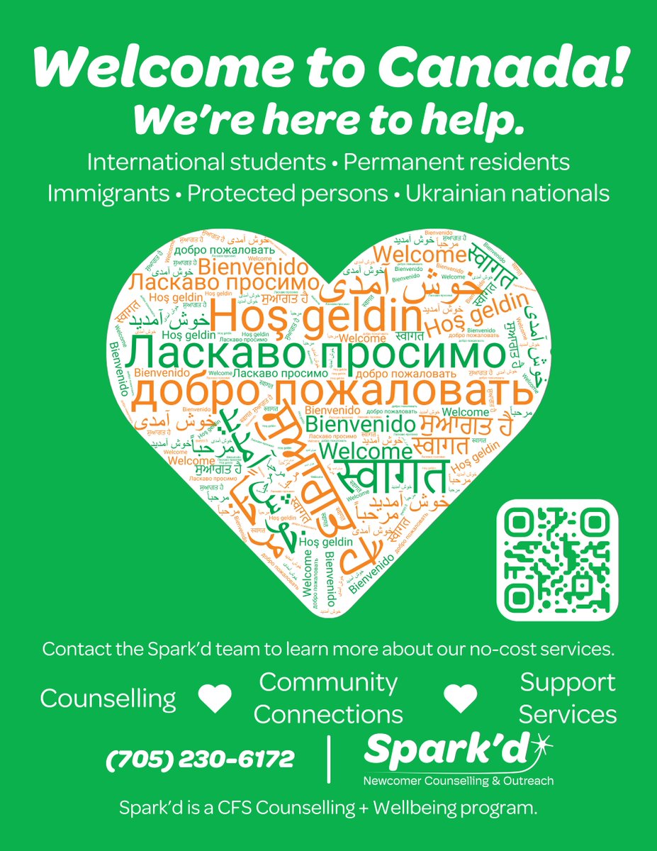 CFSCounselling's tweet image. Spark&apos;d is uniquely equipped to serve people in Simcoe County who qualify as permanent residents, protected persons, international students, and Ukrainian Nationals. For more info, visit cfssc.ca/sparkd/ #Sparkd #CFS
