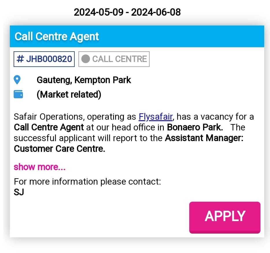 📌Apply For FlySafair Call Centre Agents Job 
 
Estimate Salary: R10 000 - R20 000 pm

Requirements:
● Grade 12 (or Matric) 
● Only Hard working people will be Hired 

Apply Link: tinyurl.com/2p9mvjvv