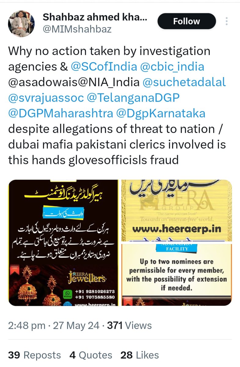 Sir. Hera Group has been ordered by Supreme Court to run its business. But <a href="/MIMshahbaz/">Shahbaz ahmed khan</a> is a criminal and guilty of defamation 10 crore rupees against Hera group.
<a href="/SCofIndia/">SupremeCourtOfIndia</a> <a href="/cbic_india/">CBIC</a> @asadowais@NIA_India <a href="/suchetadalal/">Sucheta Dalal</a> <a href="/svrajuassoc/">S V Raju Associates</a> <a href="/TelanganaDGP/">DGP TELANGANA POLICE</a> <a href="/DGPMaharashtra/">महाराष्ट्र पोलीस - Maharashtra Police</a> <a href="/DgpKarnataka/">DGP KARNATAKA</a>