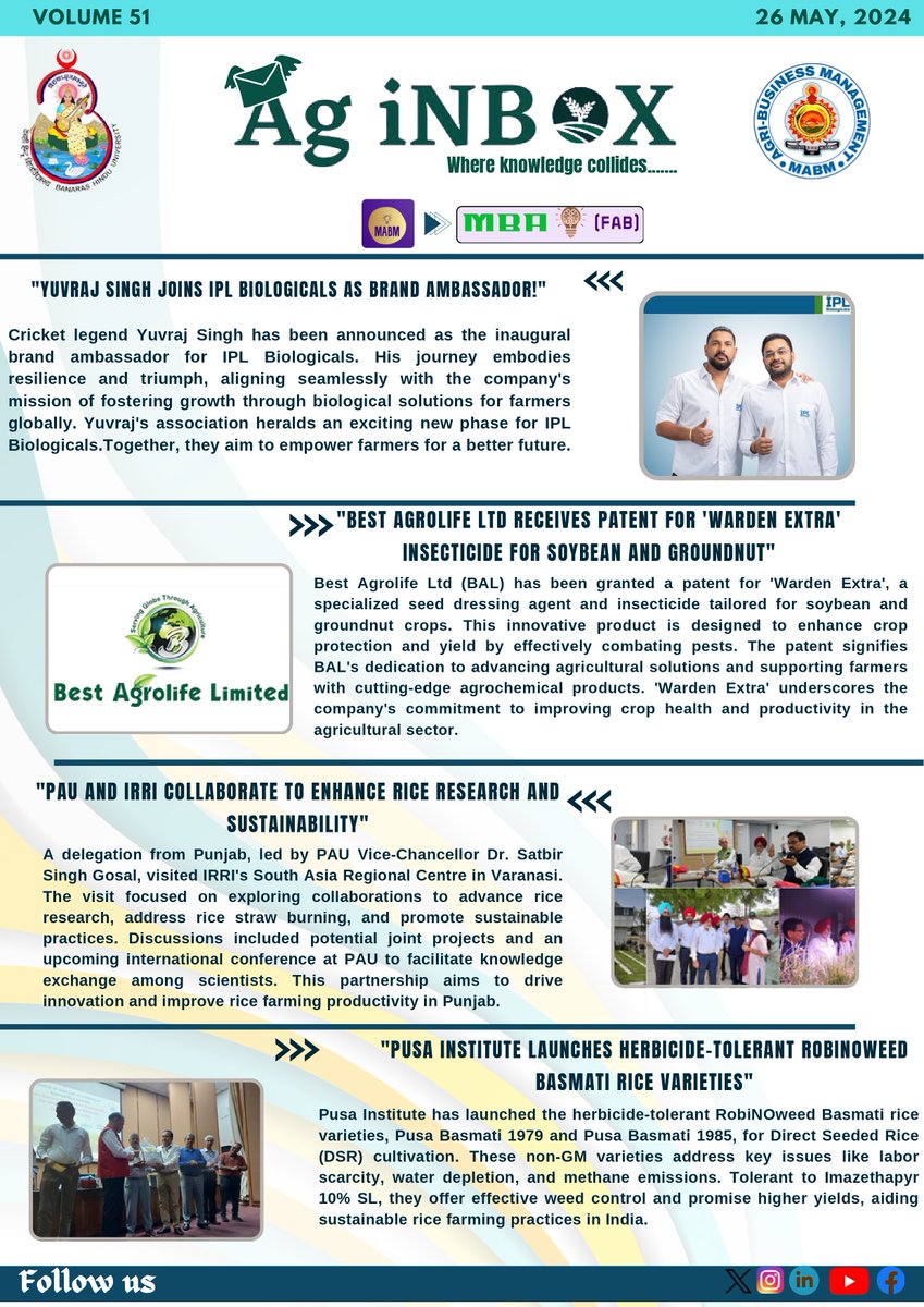 BhuMabm's tweet photo. 🎉 Welcome to MBA-FAB's Ag iNBOX - 51st edition!
Highlights: Best Agrolife’s ‘Warden Extra’ patent, PAU-IRRI rice research, herbicide-tolerant RobiNOweed Basmati, Yuvraj Singh with IPL Biologicals, Amul in the US, Coromandel's 10 new products, and more! 🌾
#AgNews https://t.co/YewkkDUNVn
