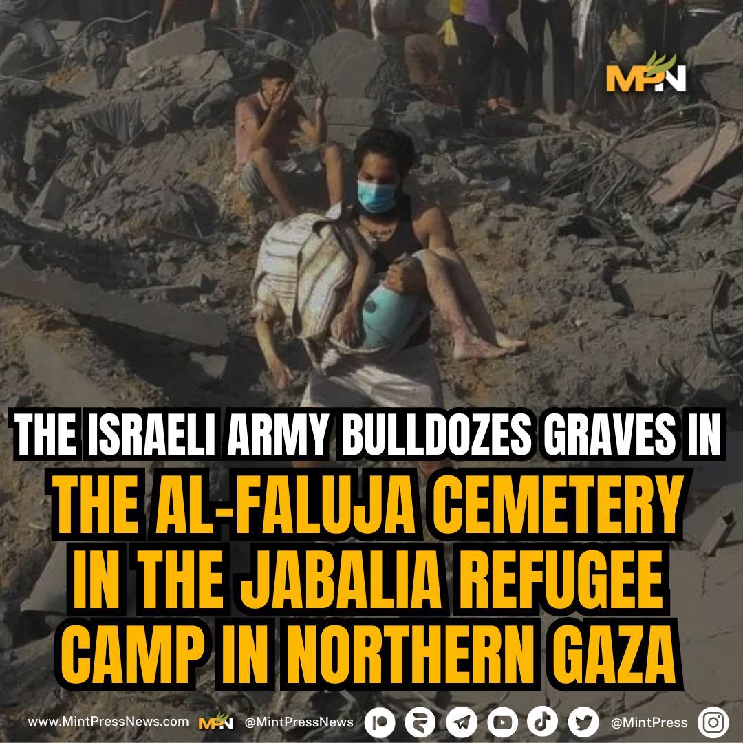 Disturbing the dead... Israeli occupation forces are reported to be bulldozing graves in the Al-Faluja Cemetery, located in the Jabalia Refugee Camp.