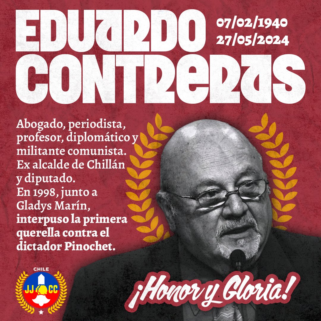🌹¡HONOR Y GLORIA!

🔴 En la madrugada ocurrió la partida física del compañero Eduardo Contreras, histórico militante y miembro del Comité Central del <a href="/pc_chile/">Patrick Chileshe</a>. En 1998, junto a Gladys Marín, interpuso la primera querella criminal contra el tirano Pinochet.

Hasta siempre.