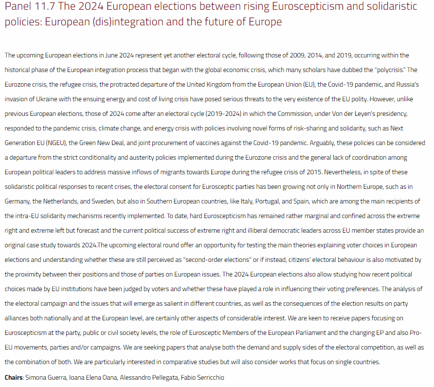 Last days to submit a paper proposal for the panel on #EPelections2024 I will chair with <a href="/NenaOana/">Nena (Ioana-Elena) Oana @nenaoana@sciences.social</a> @SPGuerra and <a href="/fabioserricchio/">Fabio Serricchio</a> at the next <a href="/sisp__/">Società Italiana di Scienza Politica</a> annual conference in Trieste (12-14 Sept). Looking forward to receiving your proposal!

Deadline: 31 May 
sisp.it/convegno-2024
