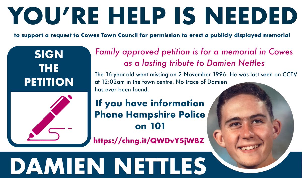 We need your help - a gentleman on the Isle of Wight has kindly started a petition to ask Cowes Town Council for permission to erect a publicly displayed memorial as a tribute to @DamienNettles chng.it/QWDvY5jWBZ #DamienNettles