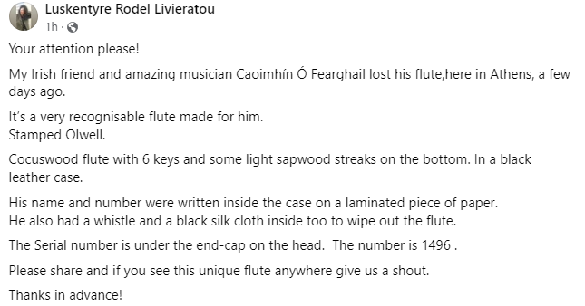 damomac's tweet photo. Athens friends: Caoimhín Ó Fearghail, a musician who came all the way from Ireland for the Athens Irish Festival, lost his instrument - a very characteristic flute - in the Athens over the weekend. Please share in the hope that he can retrieve it. https://t.co/HCNwQThx3T