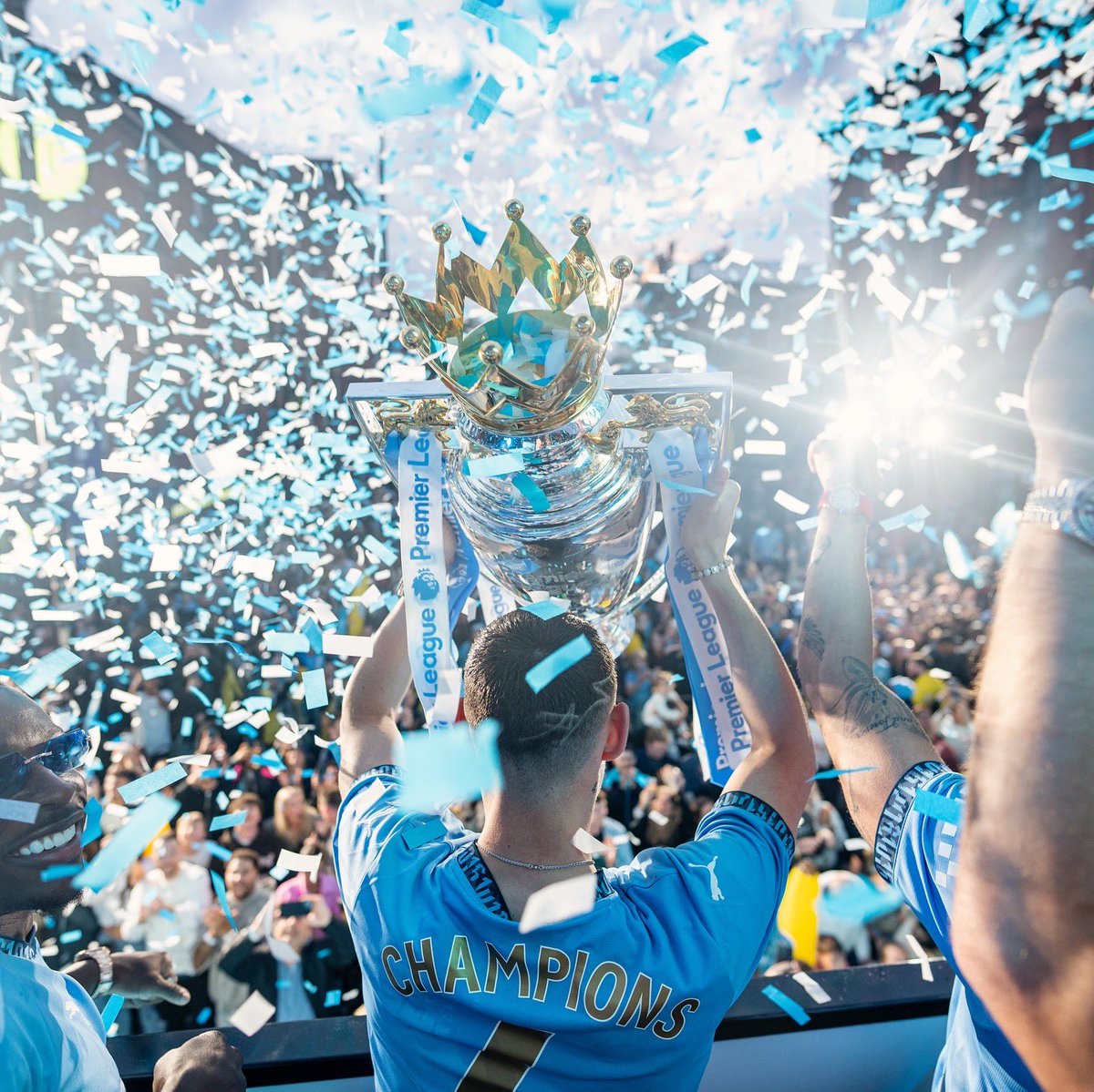 PhilFoden's tweet photo. HISTORY MAKERS 🏆🏆🏆🏆 

An incredible season comes to an end. Thank you to all the fans for supporting us along the way! See you soon 🩵 https://t.co/Nrve8eUrrd