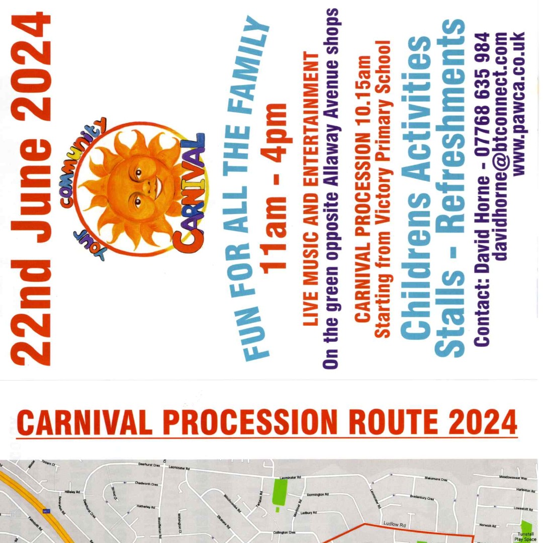 It's carnival time on 22 June from 11am - 4pm. LIVE MUSIC AND ENTERTAINMENT. On the green opposite Allaway Avenue shops. CARNIVAL PROCESSION 10.15am. Starting from Victory Primary School. Children's Activities, Stalls, Refreshments 
visit ow.ly/cLbU50RU4t0 for more
