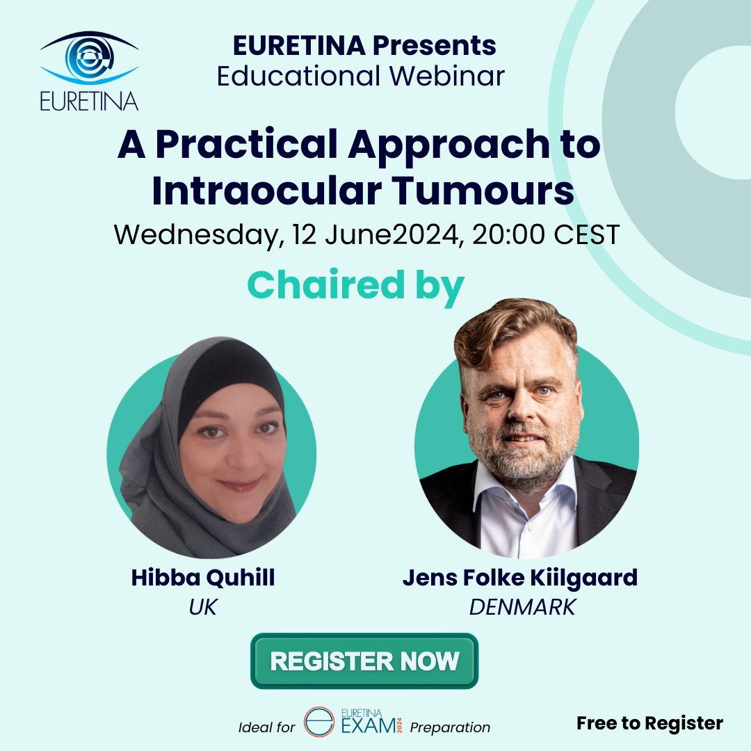 🌟 Sign Up for our next EURETINA Educational Webinar 🔍 Hibba Quhill (Sheffield Teaching Hospitals) & Jens Folke Kiilgaard (Rigshospitalet) explore the latest in intraocular tumours. 📍 Register: ow.ly/HqmN50RWAen #IntraocularTumours #EURETINA#Webinar