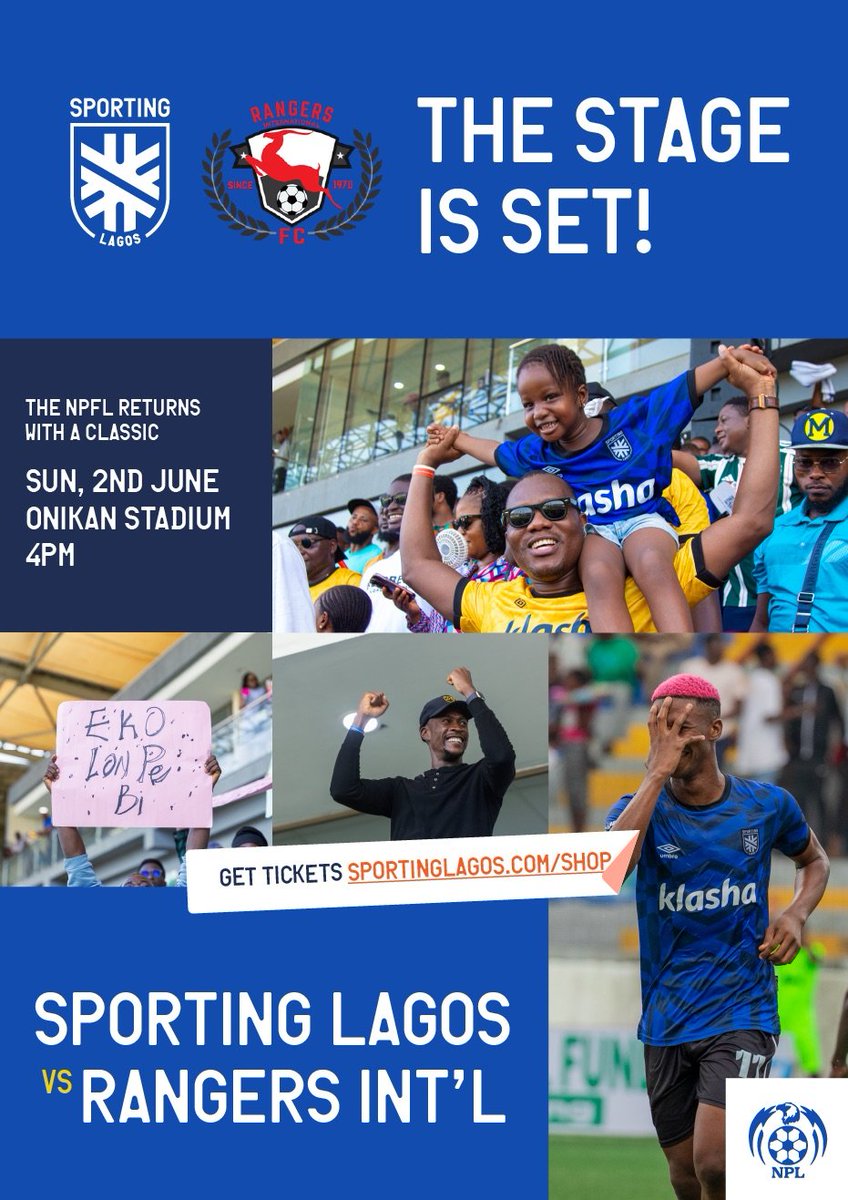 Toyosi4layan's tweet photo. The NPFL is back in Lagos this weekend with a huge clash. Sporting Lagos welcome league leaders Rangers to Onikan.
You can't miss this one o😌.
#SundaysWithSporting https://t.co/EBxULQWmlM