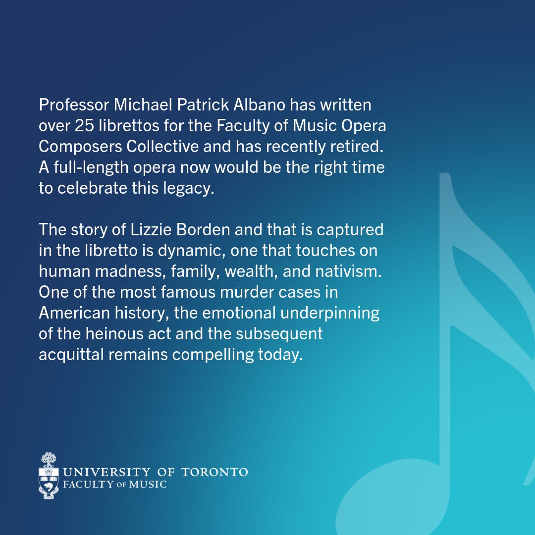 The Faculty of Music is thrilled to announce the commissioning of a new opera, Fall River, the legend of Lizzie Borden by composer <a href="/ceciliacomposer/">Cecilia Livingston</a> for <a href="/UofTOpera/">UofT Opera</a> : drive.google.com/file/d/1knugg9…

#Uoftmusic #universityoftoronto