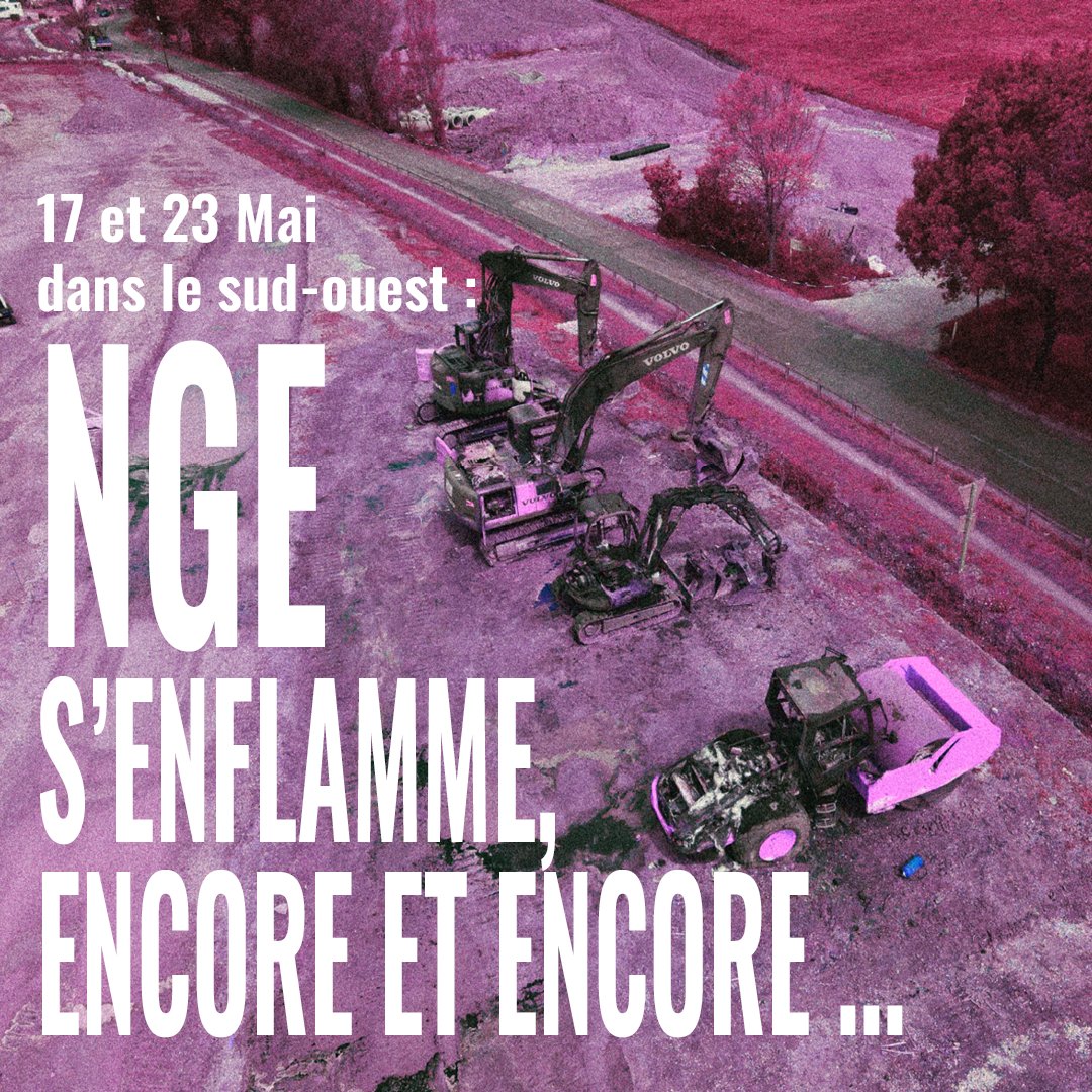 1/ Face à l'#A69, le concessionnaire #NGE s'enflamme, encore et encore 🔥 Dans la nuit du 17 Mai, c'est une foreuse qui part en fumée, puis dans la nuit du 23 Mai, deux nouvelles machines qui finissent en cendres revendiqué par une section du #GIEC* Leurs communiqués 🧵⤵️ :