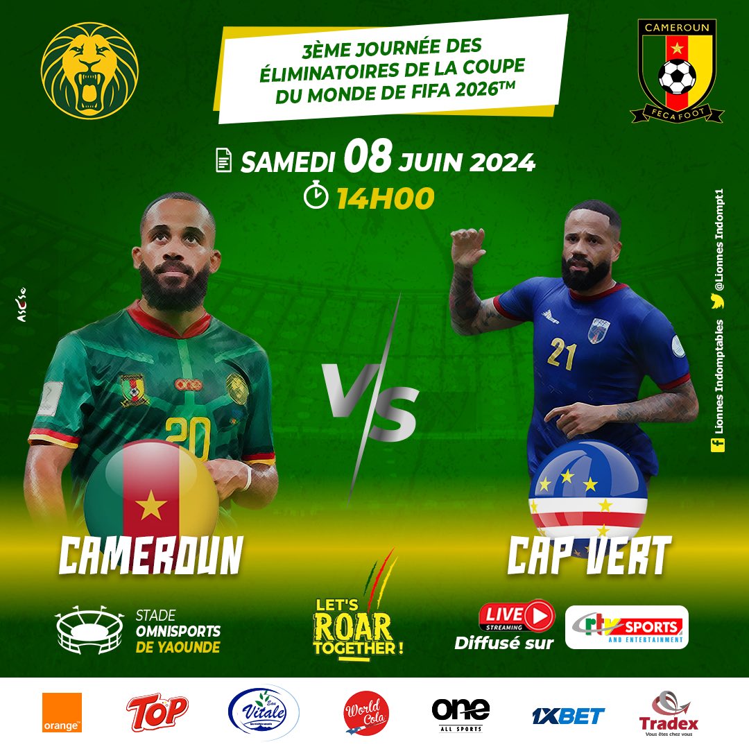 Save the date !!!

#CAMEROUN 🇨🇲 🆚 🇨🇻 #CAP_VERT

📆 Samedi 8/06/2024
🕰️ 14H00
🏟️ Stade Omnisport Ahmadou Ahidjo - Yaoundé 

#FIFAWC2026Q| #CMRCPV | #GOLIONS | #ALLEZLESLIONS | #LETSROARTOGETHER | #INDOMPTABLES |