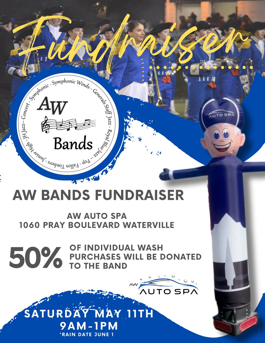 Join us Saturday June 1 from 9am - 1pm: Get your car washed at AW AutoSpa and support our band program.