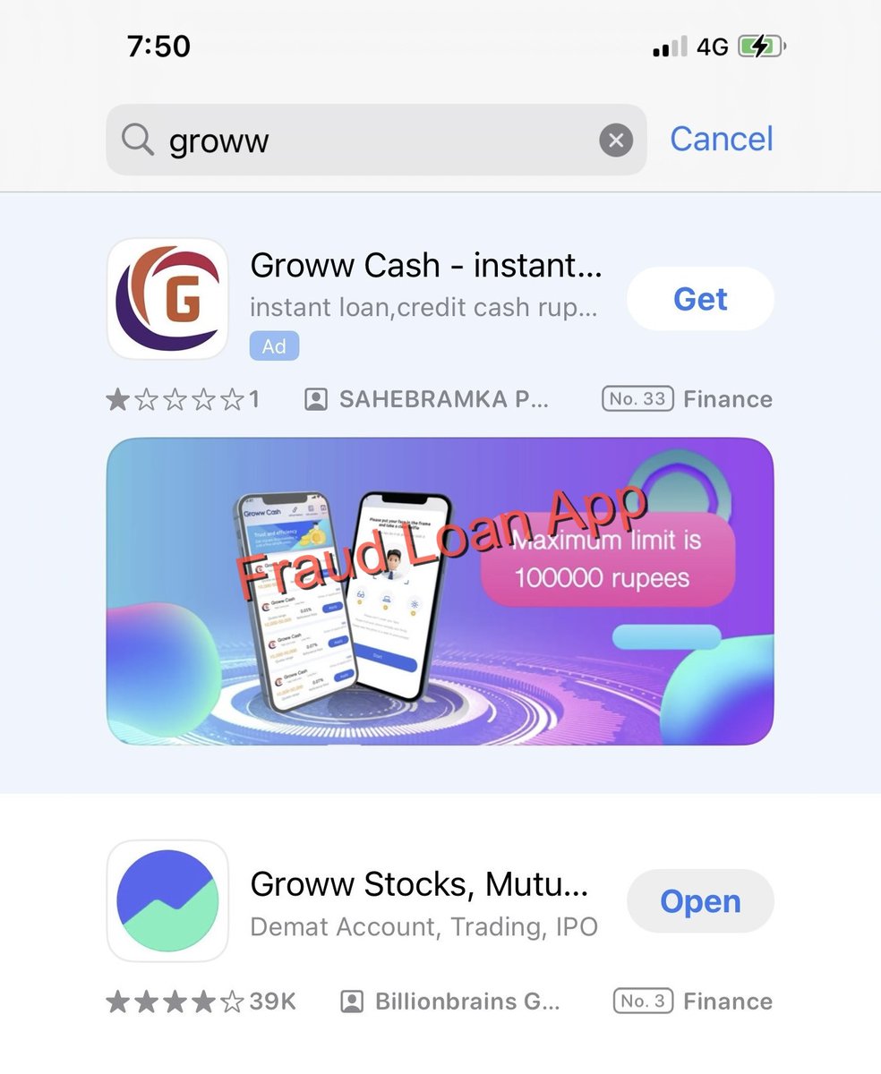 I'm speechless 🤐 @_Groww the Top Stock Broker with over 1 crore active demat accounts in India, is the latest victim of #FraudLoanApps on Apple AppStore.

Groww have recently launched its Loan & UPI payments vertical and the scammers haven't spared it. Plus they're running Ads.