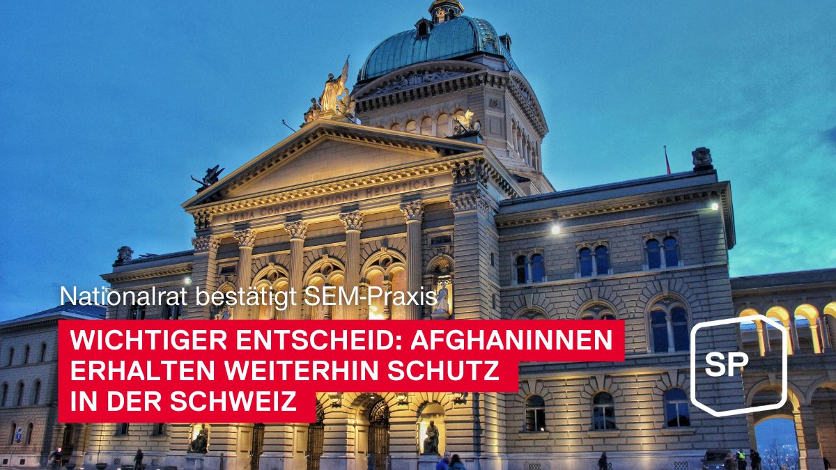 Wichtiger Entscheid aus dem Nationalrat: Frauen und Mädchen aus Afghanistan sollen aufgrund der systematischen Verfolgung in Afghanistan weiterhin Anrecht auf Asyl haben. FDP und SVP wollten die Praxis des SEM heute kippen. Mehr dazu: sp-ps.ch/artikel/nation…