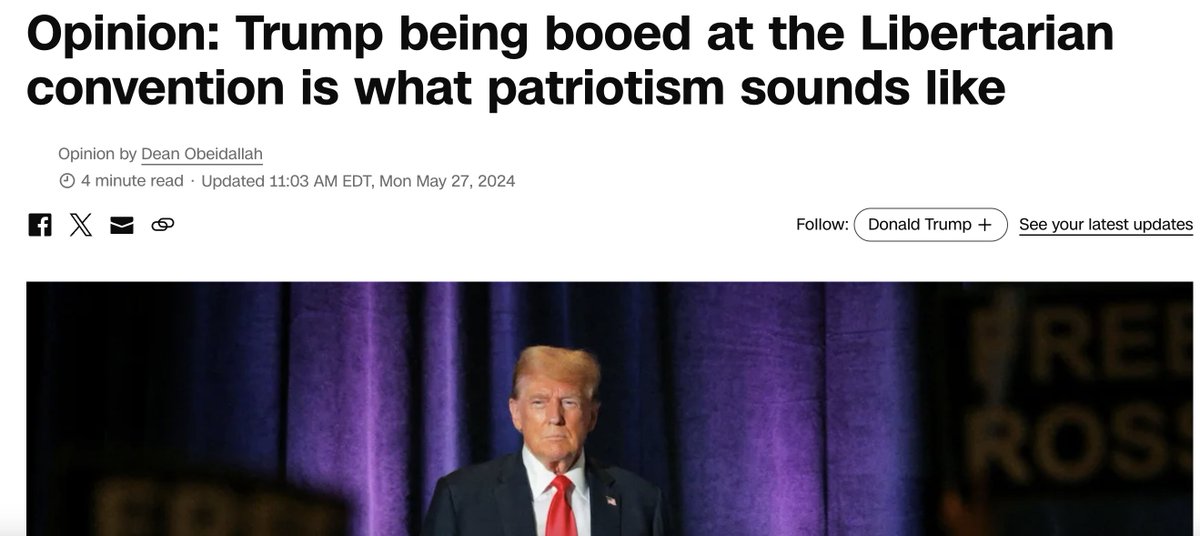 Trump being booed at the Libertarian convention is what patriotism sounds like. My new CNN article on why it matters that Trump was loudly and repeatedly booed: cnn.com/2024/05/27/opi…