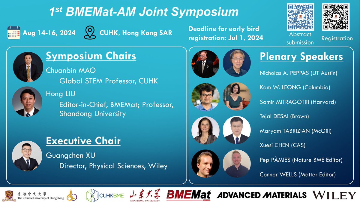 My department @CUHKBME will co-host the 1st @BMEMat_Journal-Advanced Materials joint symposium at CUHK this August, with @MaoPhageGroup as co-chair. Plenary speakers include @NPeppas @SMitragotri @theleonglab @TejalADesai @PepPamies Register now! #biomaterials #hongkong