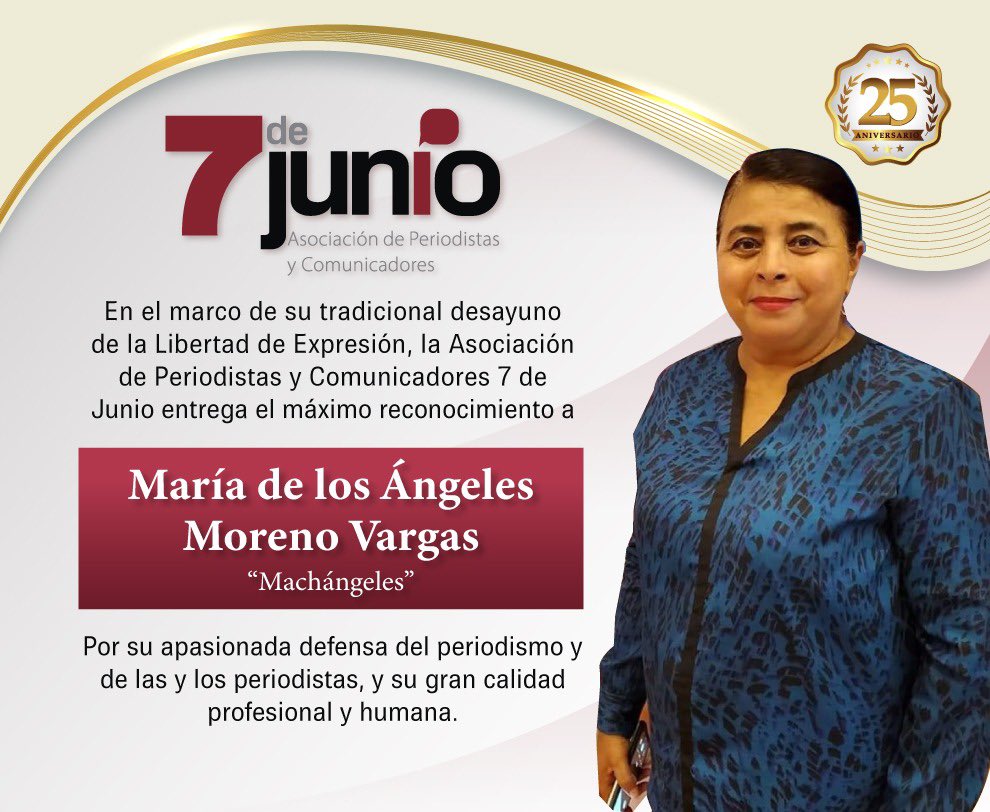 Este próximo 7 de junio nuestra Asoc. honrará la trayectoria periodística de nuestra amiga y compañera Maria De Los Angeles Moreno, por una vida de profesionalismo y trabajo en defensa de la libertad de expresión y los  periodistas. Muy orgullosos de que sea parte de esta Asoci.!