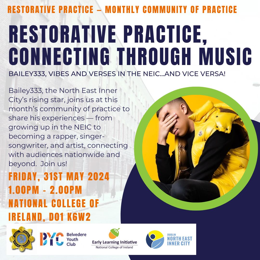 May's Monthly Community of Practice combines music and Restorative Practice🎶Don't miss out this Friday, 31st of May, when NEIC's rising star @bailey333_ joins us from 1pm in @ncirl ✨#NEIC #restorativepractice