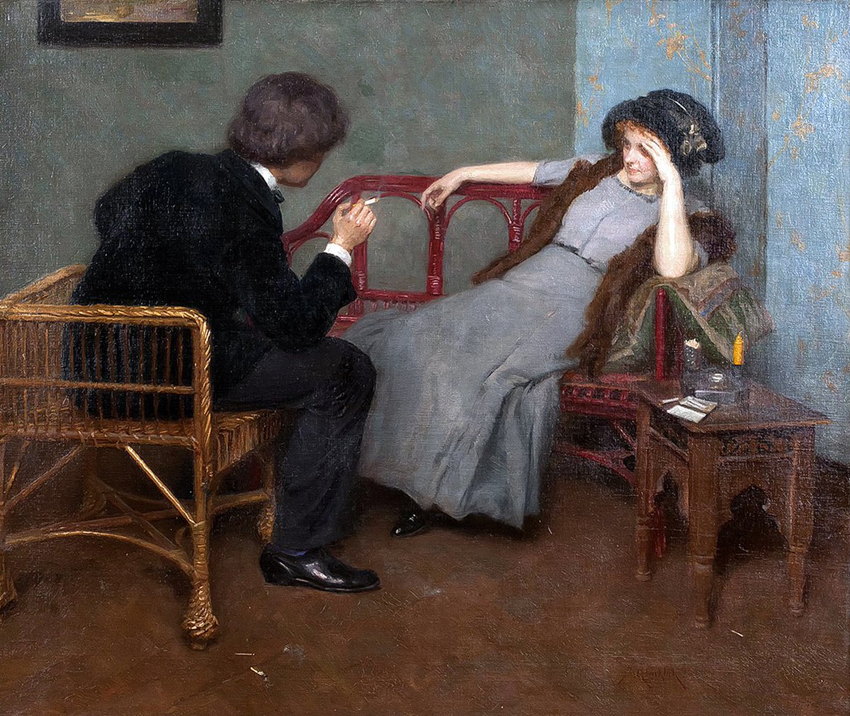 SIMON GLÜCKLICH (1863 - 1943), 'Couple in Conversation', 1880-90. Private collection. #SimonGlucklich #CoupleInConversation #ManSplainingMeme #gray #artoftheday #art instagram.com/p/C7efXKBu_j_/