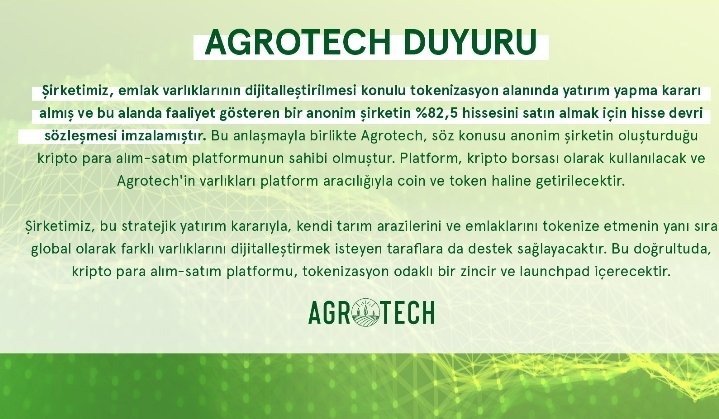 Wontlive's tweet photo. Geçtiğimiz yıl halka arzını tamamlayan #Agrotech, emlak varlıklarını #dijitalleştirmeye odaklanan bir #yatırım kararı aldı. Bu alanda uzman bir kuruluşun hisselerinin büyük bir kısmını satın alarak, #kripto #borsası olarak kullanılacak olan platformun sahibi oldu. #bist #kap https://t.co/fkHA9rUAcW