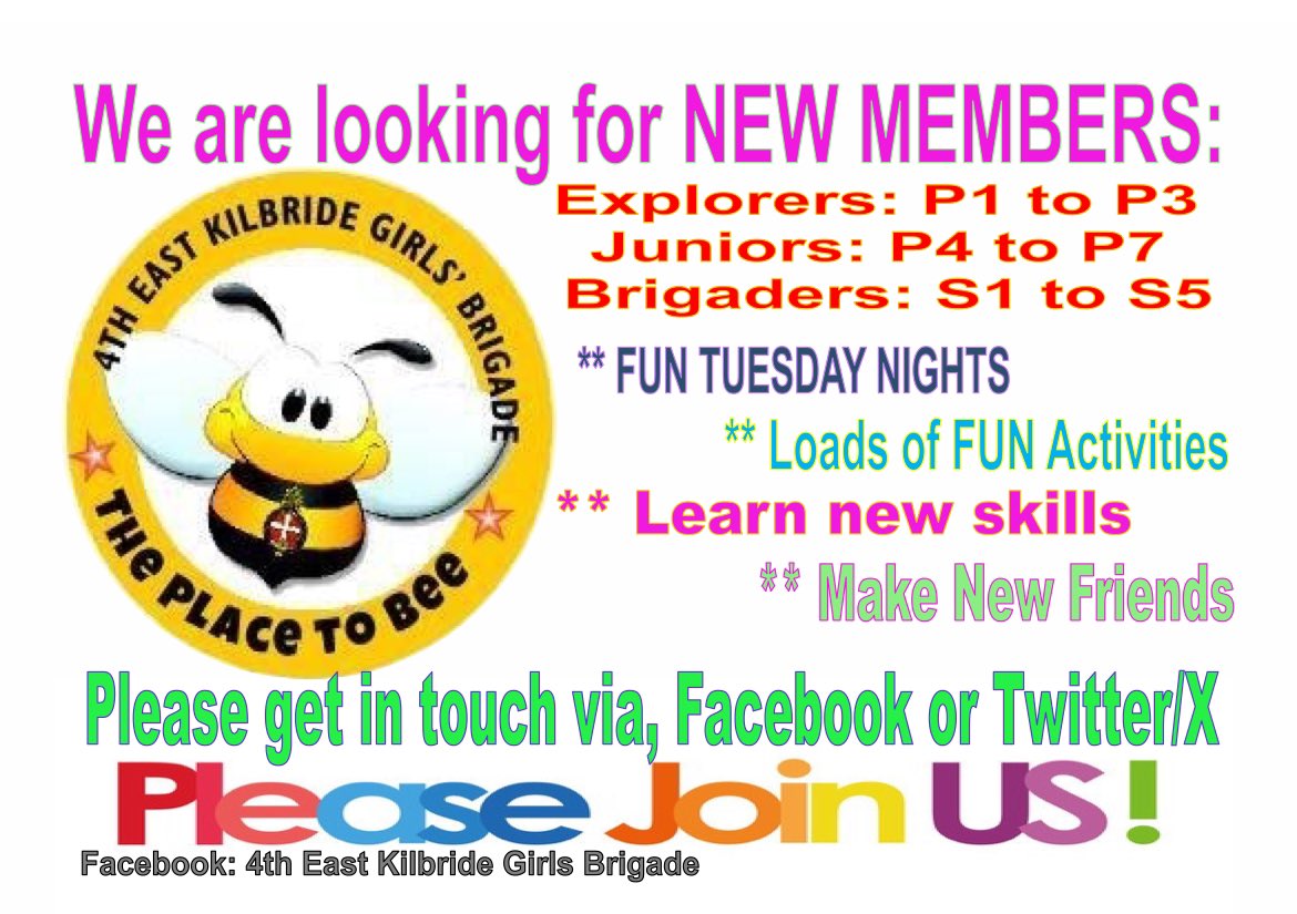 NEW MEMBERS
The 4th East Kilbride Girls Brigade Company are looking for new members to join us on a Tuesday Night (Term Time)
If you are looking for something new please contact us and pop your name down early we start back on Tuesday 27TH AUGUST 2024.