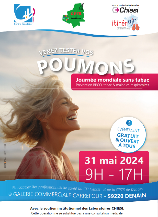 À l'occasion de la Journée mondiale sans #tabac, rejoignez les professionnels de la CPTS du Grand Denain du <a href="/ChDenain/">CH Denain</a> pour une journée spéciale dédiée à la santé respiratoire et à l'arrêt du tabac !
📅Quand ? le 31 mai 2024
 📍? Hall du centre commercial Carrefour
Venez nombreux!