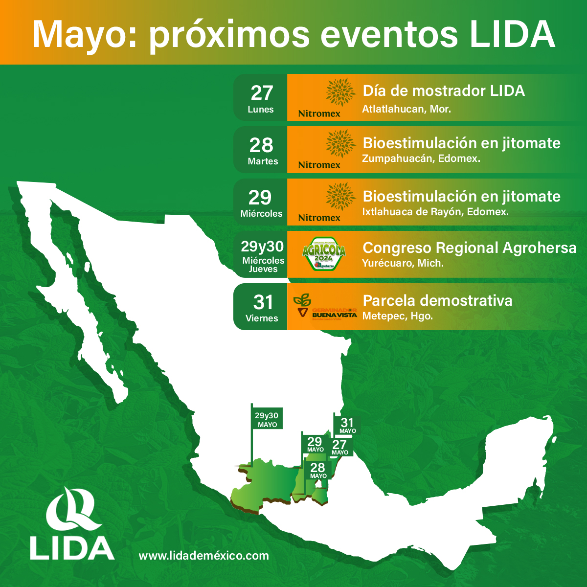 LIDADEMEXICO's tweet photo. Estamos trabajando continuamente para llevarte la mejor tecnología de nutrición especializada para tus cultivos, esta semana organizamos cinco eventos importantes y nos encantaría contar con tu presencia.

Para más detalles, contacta a tu asesor LIDA o envíanos un mensaje.
#LIDA https://t.co/orNVmTQ2OV
