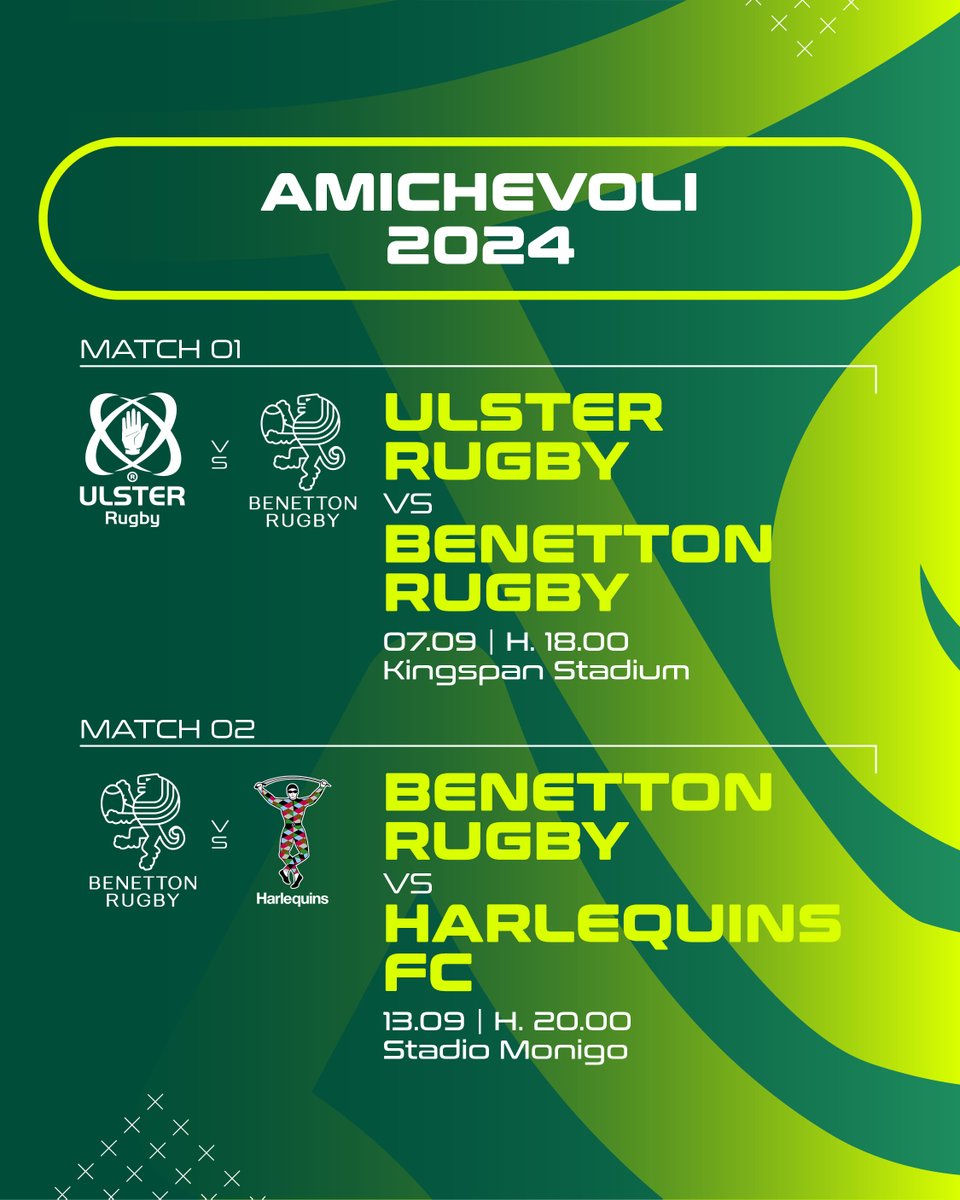 📅​ 𝐀𝐦𝐢𝐜𝐡𝐞𝐯𝐨𝐥𝐢 𝐞𝐬𝐭𝐢𝐯𝐞 𝟐𝟎𝟐𝟒

Leggi tutte le info 👉 shorturl.at/Ly0df

#BenettonRugby #WeAreLions