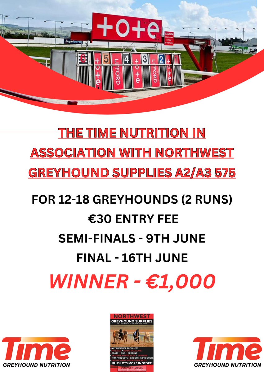 LiffordStadium's tweet photo. Time Nutrition and Northwest Greyhound Supplies have come together to sponsor a sweepstake every 2 months at Lifford Stadium. 

Sunday 9th June marks the start of the sponsorship with the first round of The Time Nutrition in association with Northwest Greyhound Supplies A2/A3 575 https://t.co/4VNDNVIi7W
