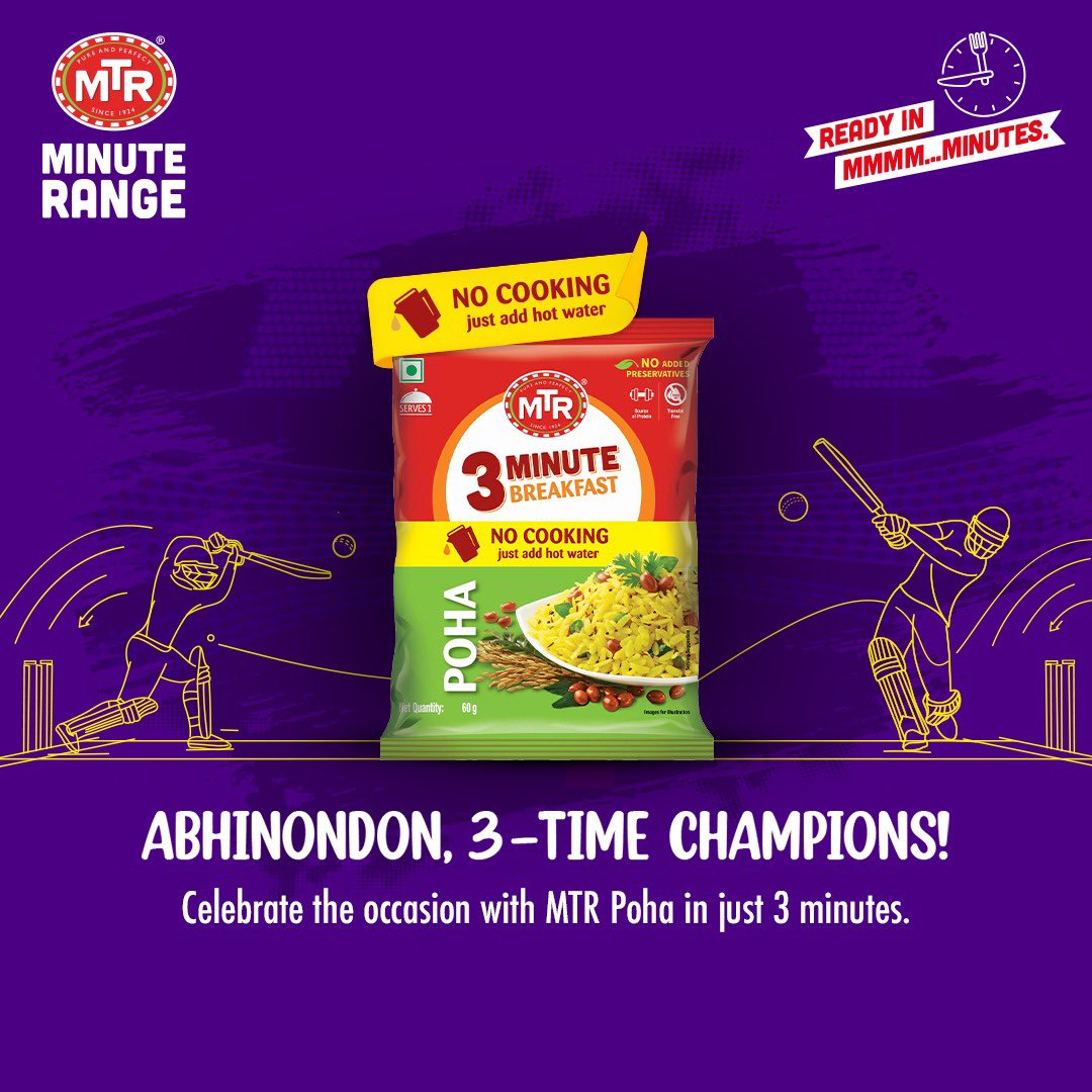 Triple Triumph! 
Savor the success with MTR Poha, ready in just 3 minutes. Perfect for the on-the-go champions! 🌟

#MTRMinuteRange #mtrpoha #ipl #champions #celebratevictory