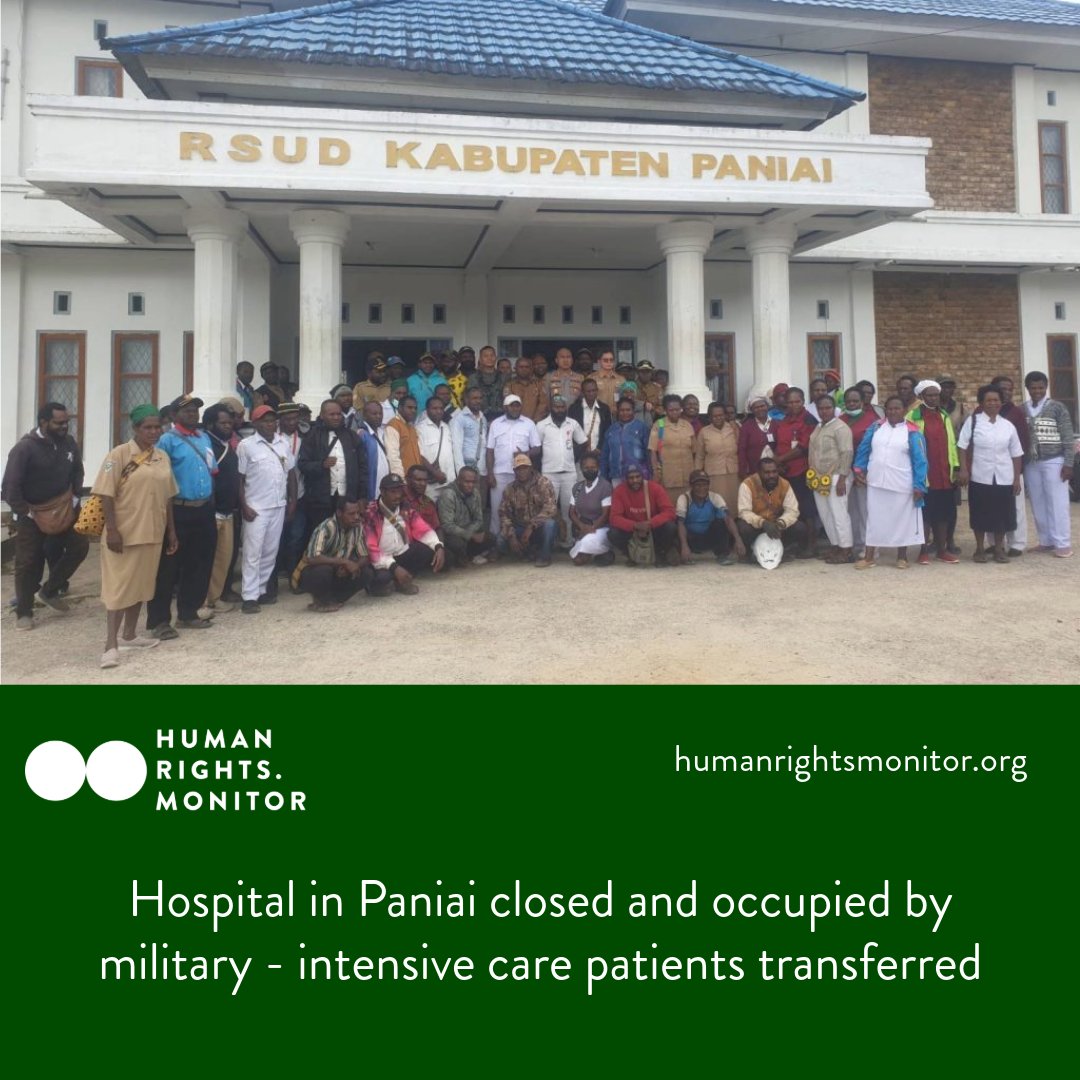 Military members have occupied the building of the only general hospital (RSUD) in Paniai #WestPapua. Reportedly all patients left, six were transferred. The hospital has closed worsening an existing #HealthCrisis. Read and watch: humanrightsmonitor.org/general/milita…
