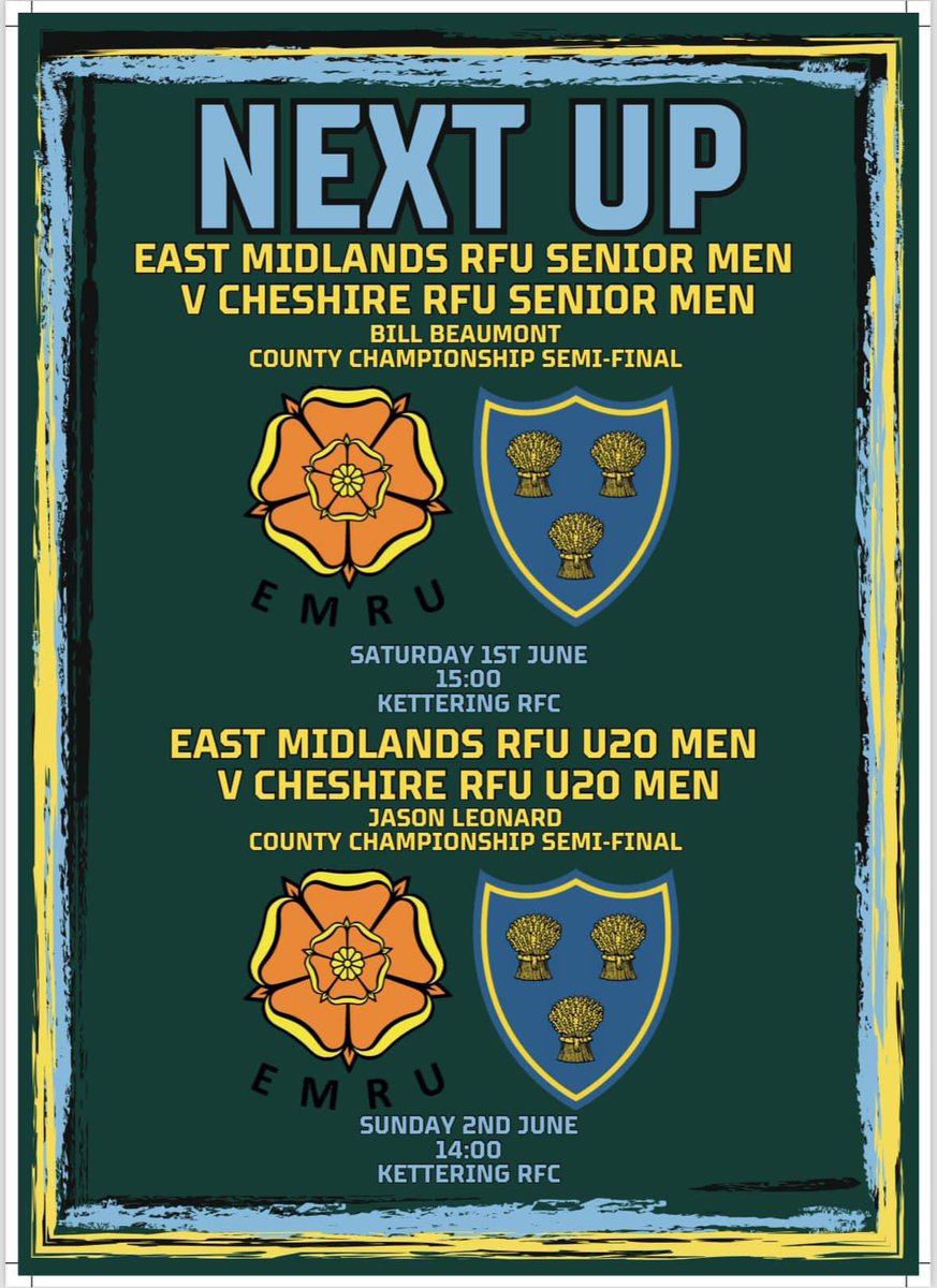 This weekend sees our Men’s 1st team and Men’s U20s contest County Championship semi finals against <a href="/CheshGalacticos/">Cheshire 1st XV</a> on Saturday and Sunday <a href="/OfficialKRFC/">Kettering RFC</a> please get down there and support the lads <a href="/AmpthillRufc/">Ampthill Rugby</a> <a href="/BedfordSwifts/">Bedford Swifts RUFC</a> <a href="/BedfordAthletic/">Bedford Athletic RFC</a> <a href="/BedfordQueens/">Bedford Queens RUFC</a> <a href="/Biggyrugby/">Biggleswade Rugby</a>