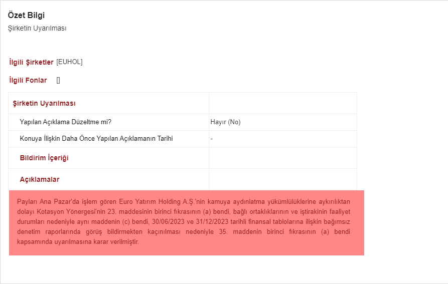 #EUHOL 🆘 Payları Ana Pazar'da işlem gören Euro Yatırım Holding A.Ş.'nin kamuya aydınlatma yükümlülüklerine aykırılıktan dolayı Kotasyon Yönergesi'nin 23. maddesinin birinci fıkrasının (a) bendi, bağlı ortaklıklarının ve iştirakinin faaliyet durumları nedeniyle aynı maddenin (c)