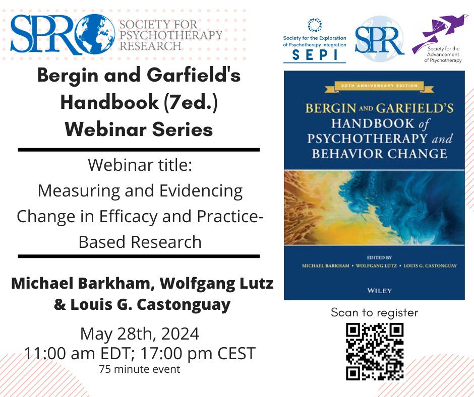 Dr. Mila Hall (she/her) (@mila_hall) on Twitter photo 🚨🚨 WEBINAR ALERT🚨🚨
Don't forget to register for tomorrow evening's *final* Bergin & Garfield webinar with <a href="/MJBarkham/">Michael Barkham</a> <a href="/LutzPsychRes/">Wolfgang Lutz</a> & Louis G. Castonguay
us02web.zoom.us/meeting/regist…
11:00 EDT (New York, Toronto, Santiago de Chile)
17:00 CEST (Amsterdam, Madrid, Rome, Stockholm) 🚨🚨 WEBINAR ALERT🚨🚨
Don't forget to register for tomorrow evening's *final* Bergin & Garfield webinar with <a href="/MJBarkham/">Michael Barkham</a> <a href="/LutzPsychRes/">Wolfgang Lutz</a> & Louis G. Castonguay
us02web.zoom.us/meeting/regist…
11:00 EDT (New York, Toronto, Santiago de Chile)
17:00 CEST (Amsterdam, Madrid, Rome, Stockholm)