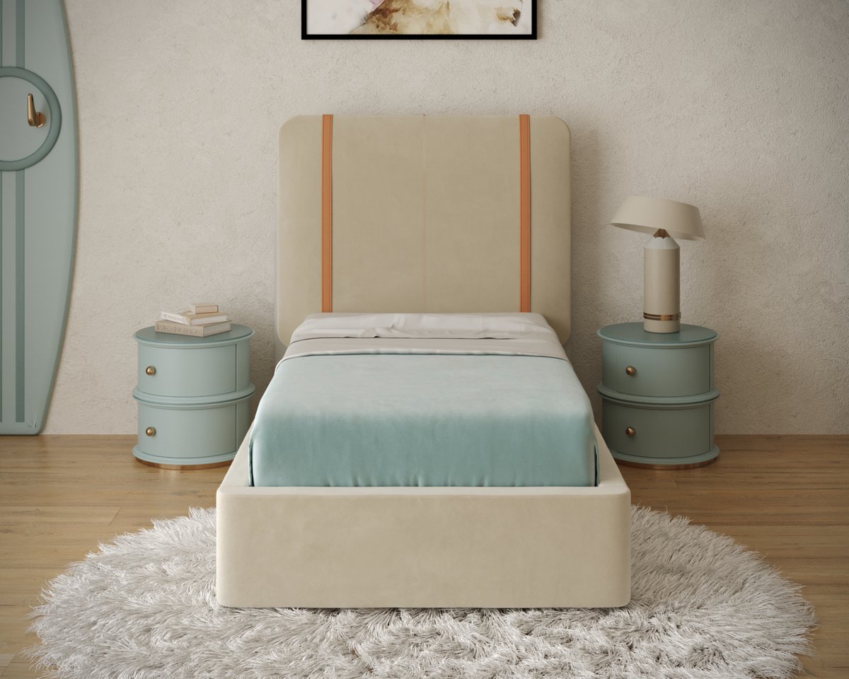 See the suggestion: 𝑺𝒖𝒔𝒑𝒆𝒏𝒅𝒆𝒓 𝑩𝒆𝒅
The front upholstered headboard is supported by leather pieces, creating a unique feature, and though it is simple, it is the detail that makes this bed interesting.

#fairytale #creatingstories #luxurykidsroom #luxurykidsbedroom