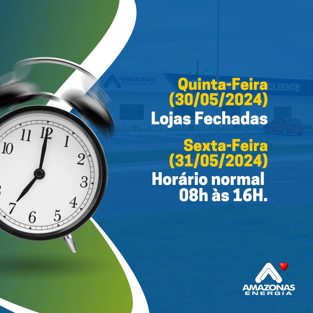 EnergiaAmazonas's tweet photo. ⚡⏰ ATENÇÃO AO NOSSO HORÁRIO DE ATENDIMENTO! 🗓️⚡

Quinta, 30/05, não haverá atendimento presencial devido ao feriado de Corpus Christi.

Sexta, 31/05, funcionamento normal das 8h às 16h.

Nossos canais 24h:
0800 701 3001 (whatsapp/telefone)
App 'Amazonas Energia' https://t.co/cHrq1csgOI