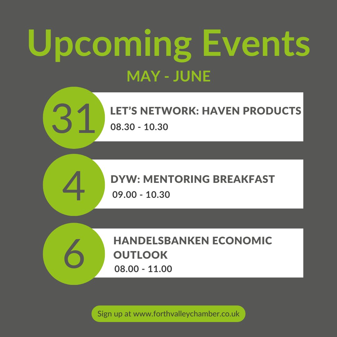 Last Chance to register for LN: Haven Products!

Make a difference by learning more about mentoring, in partnership with <a href="/DYW_ForthValley/">DYW Forth Valley</a> 

Interested in knowing more about the economic outlook? RSVP: centralscotland@handelsbanken.co.uk

All events: forthvalleychamber.co.uk/events