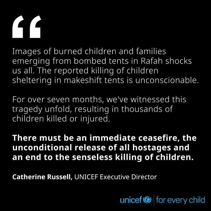 We repeat. A military besiegement and ground incursion in Rafah, Gaza, poses a catastrophic risk to the children sheltering there. UNICEF continues to call for an immediate ceasefire, the unconditional release of all hostages and an end to the senseless killing of children.