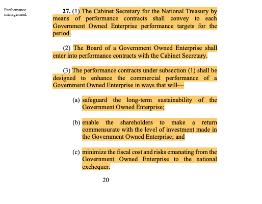 Performance contracting for SOEs will be pegged on three things as provided for in Sec27 of the Draft Bill