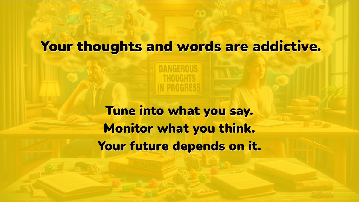 Your thoughts and words are addictive.

Tune into what you say.

Monitor what you think.

Your future depends on it.

#Mindset #selfawareness