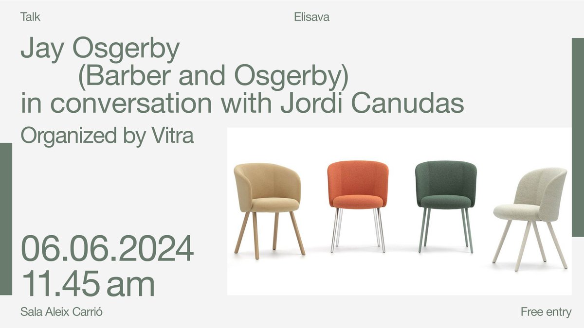 🗣 El dissenyador industrial Jay Osgerby, cofundador de l’estudi Barber & Osgerby, conversa amb el professor Jordi Canudas en una xerrada organitzada per @vitra. 📆 Dijous 6 de juny ⏰ 11:45h 📍 Elisava 👉 Reserva plaça: shorturl.at/XmrVv #Disseny #DissenyIndustrial