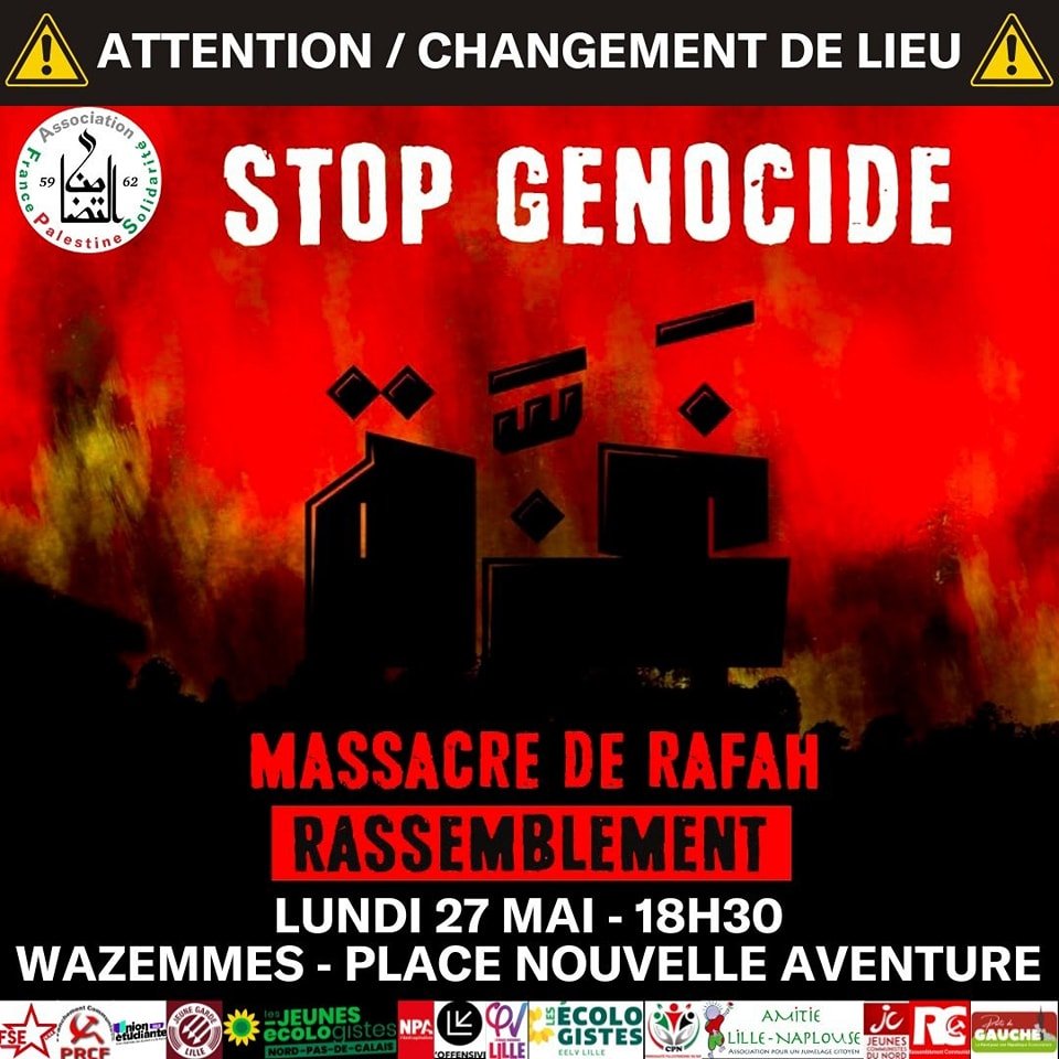 Mobilisation contre le génocide du peuple palestinien ce soir 18h30 à Lille Wazemmes Place Nouvelle Aventure !