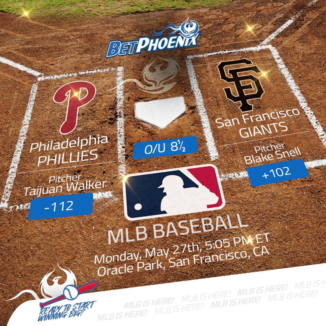 Get on this #MLB #Baseball Monday!🧢⚾️ 💵Join #BetPhoenix & Get $100 Check📌 ⚾️#Phillies @ #Giants 5:05p ET Philadelphia #RingTheBell (38-16, 1st NL East) visit the #SFGiants (27-27, 2nd NL West) to open a three-game series. Get your #MLBBets in!💥 #MLBTwitter #MLBOdds #Sports