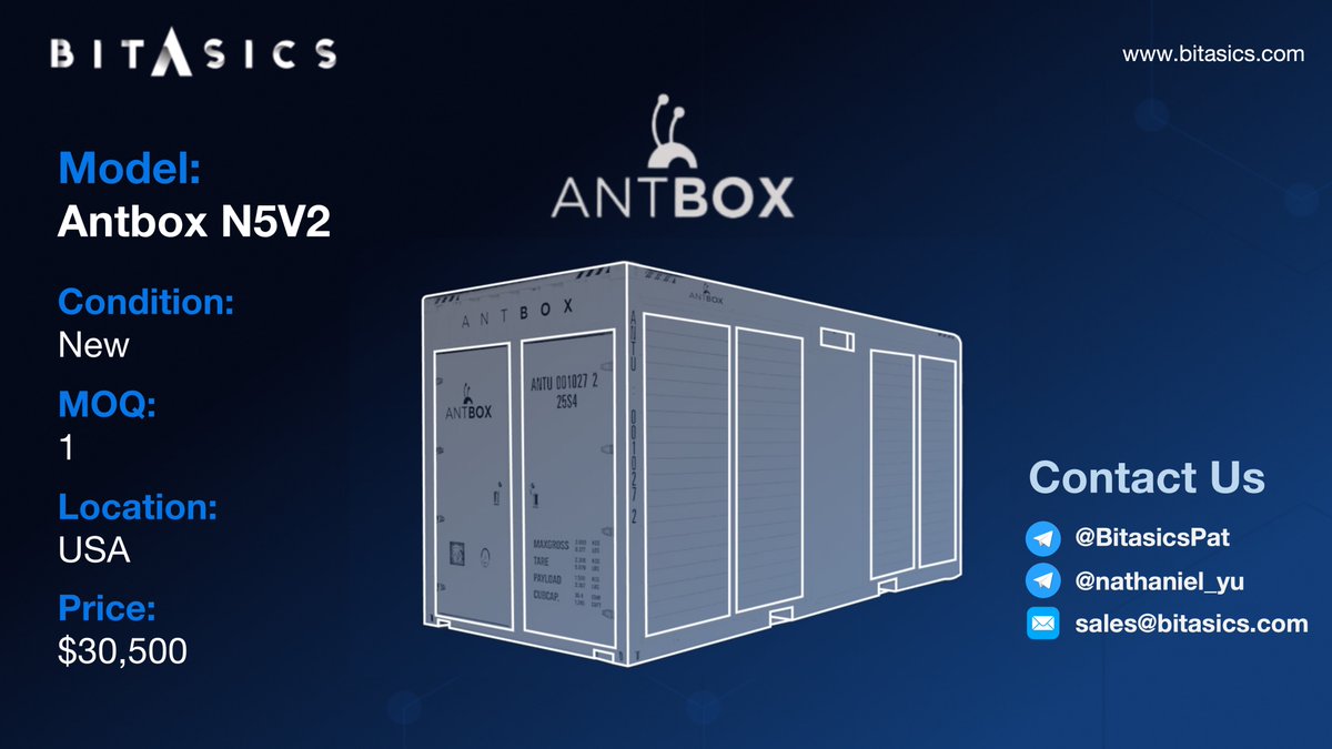 Bitasics's tweet image. Today's Highlight from Bitasics.
Special pricing for Coupons &amp;amp; Containers! #BTC #Bitcoin #Antminer #Whatsminer #Antbox
📧sales@bitasics.com