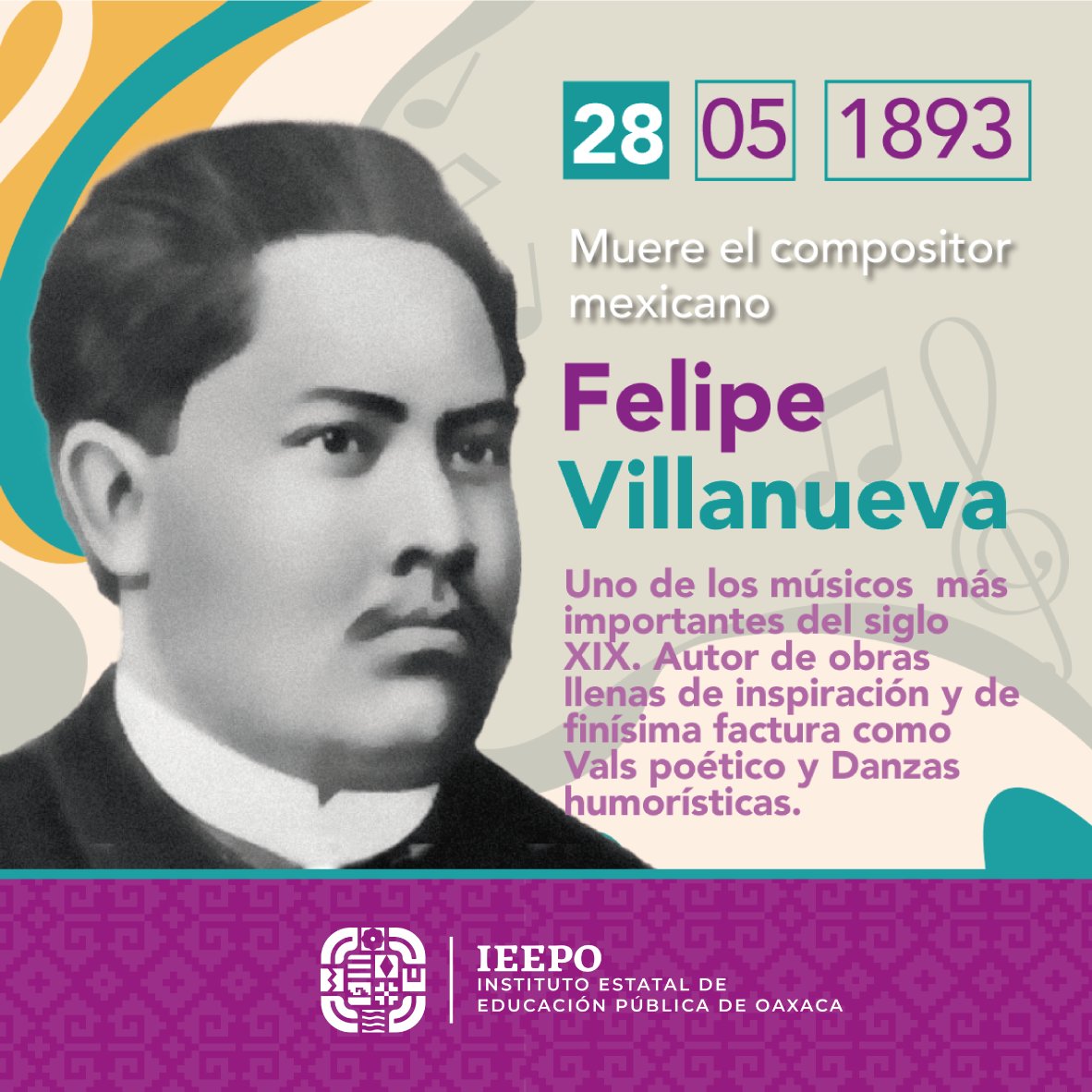#UnDíaComoHoy pero de 1893, muere el compositor mexicano Felipe Villanueva, uno de los músicos más importantes del siglo XIX. autor de obras llenas de inspiración y finísima factura como Vals poético y danzas humorísticas.