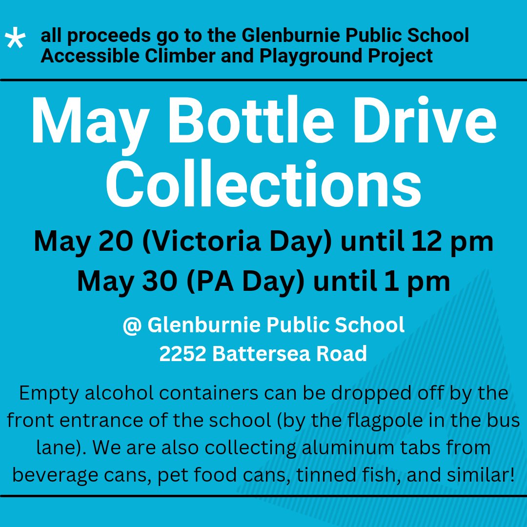 Reminder: We are hosting another empties drive this Friday until 1 pm! All funds collected will go toward our school's accessible playground project! We are also collecting aluminum tabs!