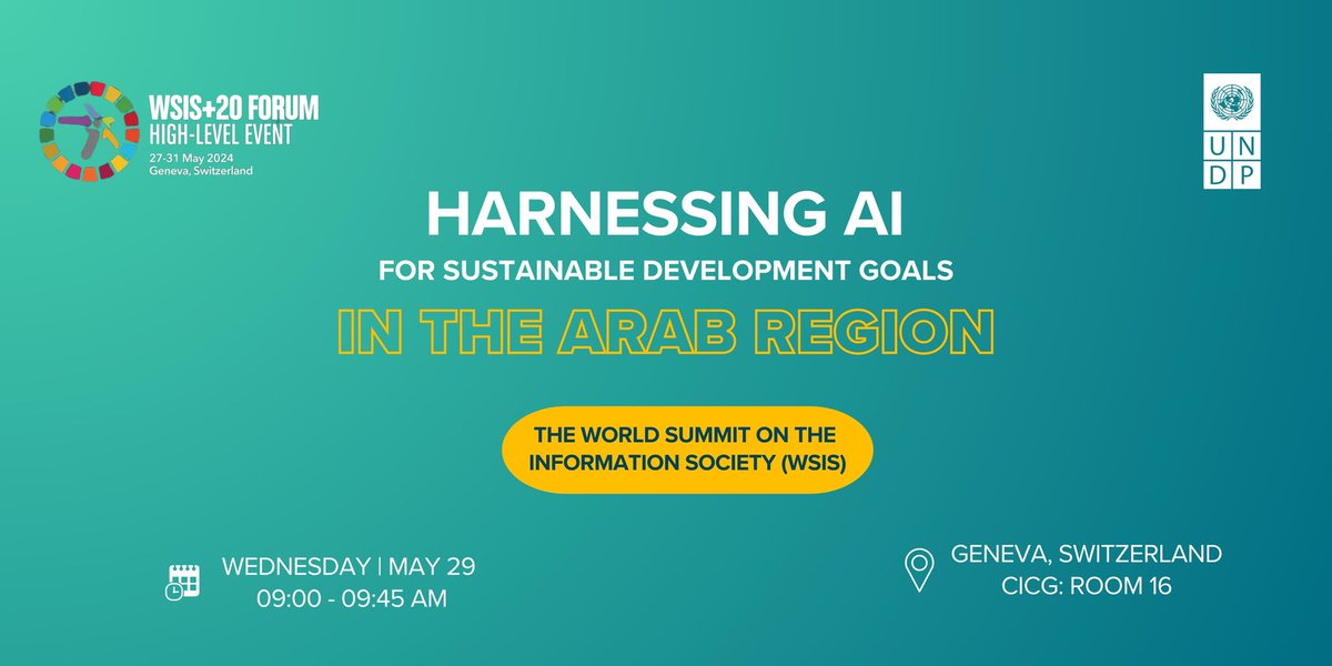 Join our panel discussion at #WSIS on - Harnessing #AI for Sustainable Development Goals in the Arab Region.  

📍CICG Room 16, Geneva, Switzerland
🗓 29 May, 09:00 -09:45 UTC

Tune in👉🏻shorturl.at/9EiiB