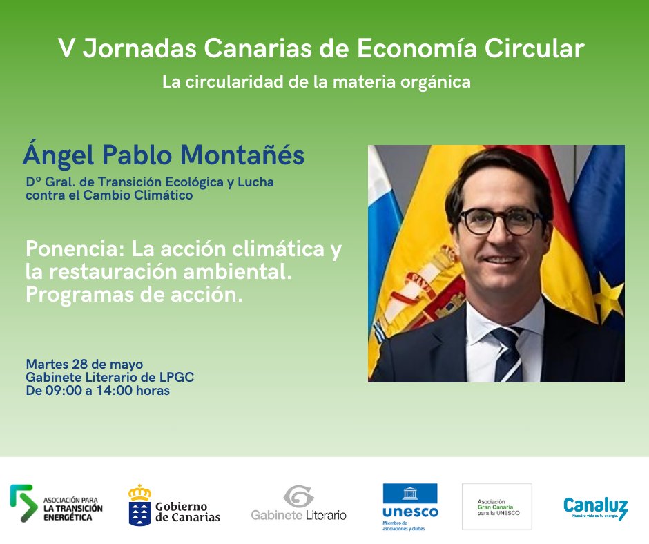 El Dir. Gral. de @EcologicaGobCan, Ángel Montañés, reflexionará este martes sobre acción climática y restauración ambiental en las V Jornadas Canarias de #EconomíaCircular ♻️

El acto estará abierto al público y se podrá seguir en streaming en: youtube.com/watch?v=fdeOLL…