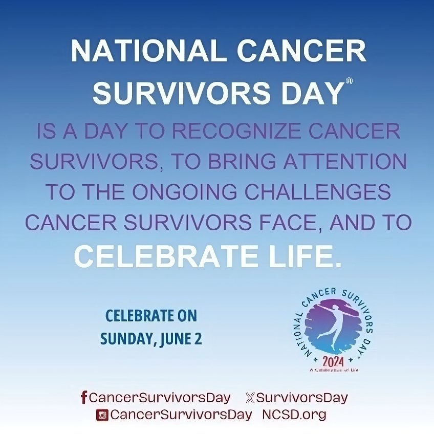 National Cancer Survivors Day is a day to recognize #cancersurvivors, to raise awareness of the ongoing challenges cancer survivors face because of their disease, and – most importantly – to celebrate life. #NCSD2024 #BecauseWeCare